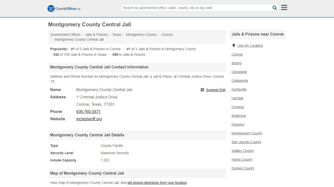 Montgomery County Central Jail - Conroe, TX (Address and Phone)